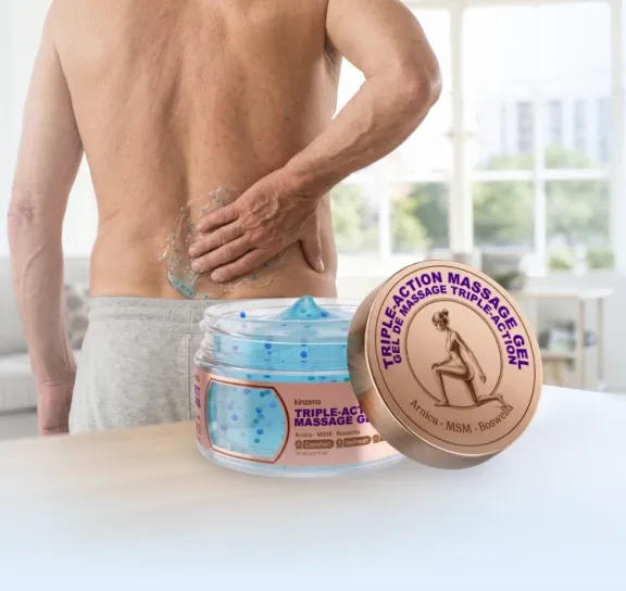 Kinzeno Triple-Action Massage Gel jar being used on the lower back