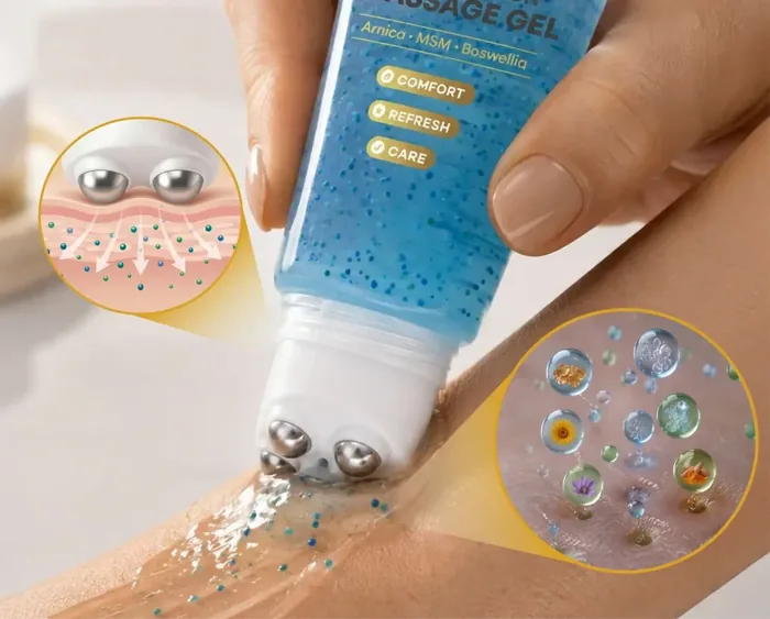 Kinzeno gel roller being applied to a forearm, with a diagram of the gel micro-beads reaching the skin