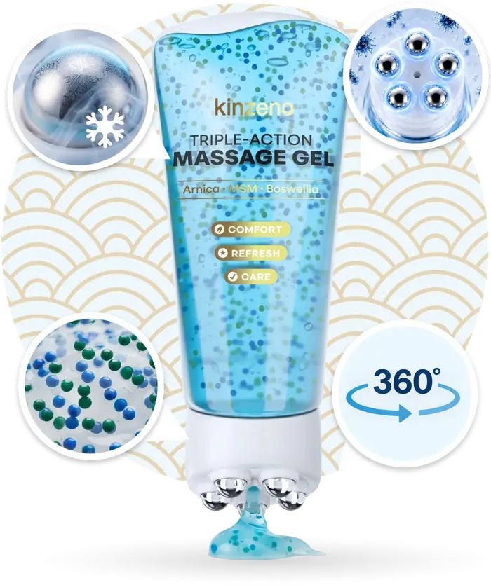 Close-up of the Kinzeno roller head, the micro-bead gel texture and the 360 degree rotation