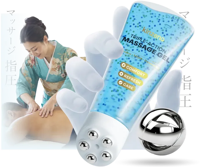 Kinzeno gel roller shown alongside a traditional Japanese shiatsu massage
