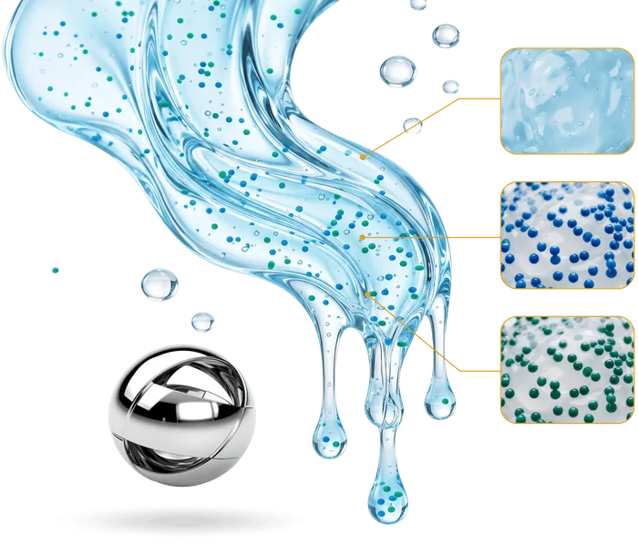Kinzeno gel texture with blue and green micro-beads and a magnetic stainless steel rollerball